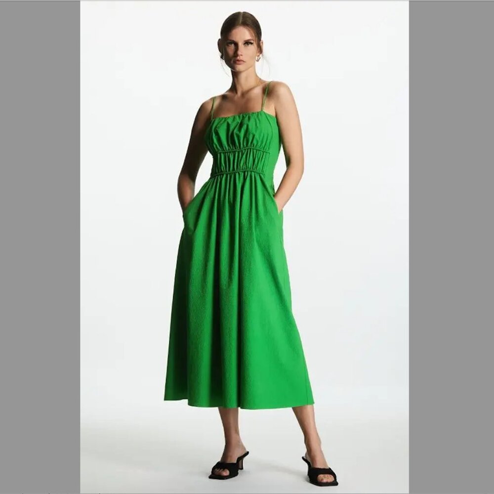 GREEN US SIZE 8 COS Shirred Gathered Waist Midi Dress Pre-Owned
